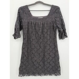 Velvet Torch Eyelet Dress Womens Small Gray Square Neck Short Sleeve Lace Lined